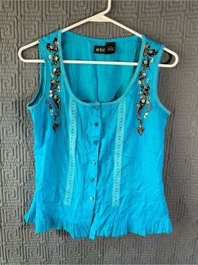 Etc. Blouse Women’s Medium 100% Cotton Blue Shimmering Sequins